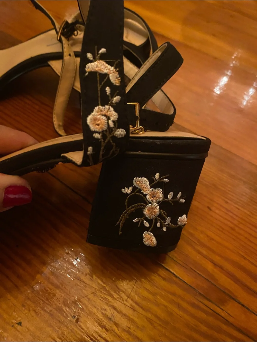 Nanette Lepore Black Floral Embroidered Block Heel Sandals